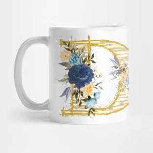 Monogram Letter D In Metallic Gold With Aesthetic Blue Flowers Botany Mug